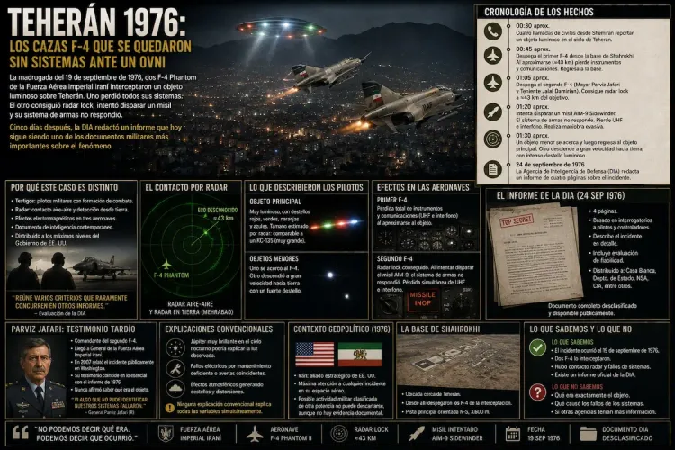 Infografía nocturna del caso Teherán 1976: dos F-4 Phantom iraníes junto a un objeto luminoso sobre la ciudad, con cronología, radar y el informe desclasificado de la DIA.