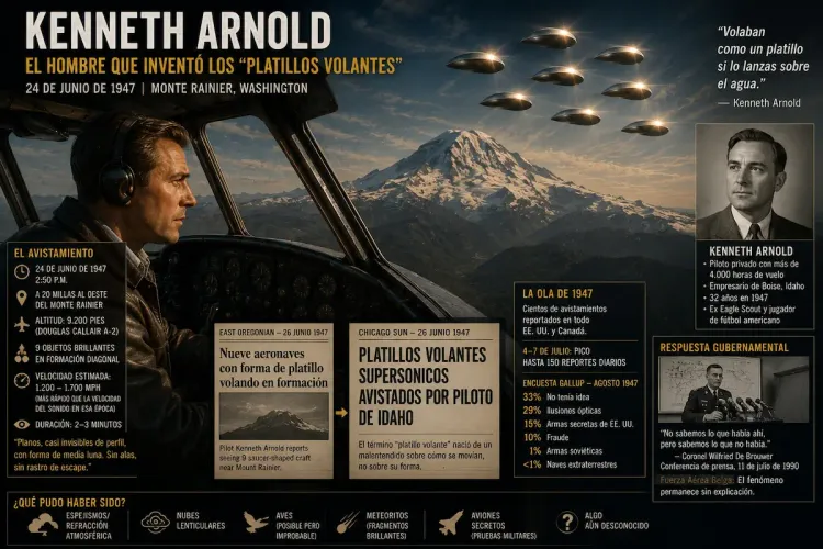 Infografía del avistamiento de Kenneth Arnold (24 de junio de 1947, Monte Rainier): nueve objetos en formación, titulares de prensa y datos del caso