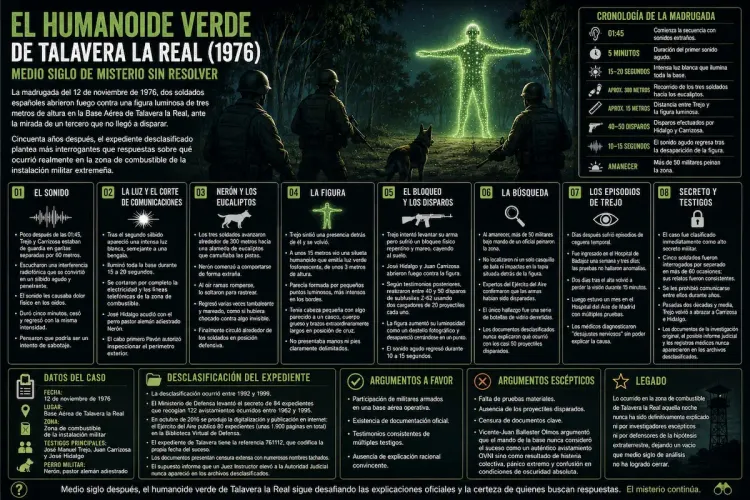 Infografía del caso Talavera la Real 1976: soldados y un perro pastor alemán ante una figura humanoide verde luminosa de noche, con ocho paneles de secuencia, cronología y desclasificación.