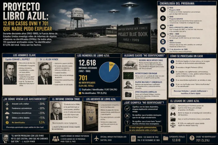 Infografía del Proyecto Libro Azul: base de Wright-Patterson con el cartel Project Blue Book 1952-1969, retratos de Ruppelt y Hynek y gráfica de 12.618 casos con 701 no identificados.