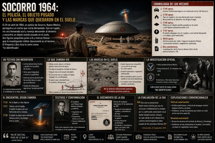 Infografía del caso Socorro 1964: un policía junto a su patrulla observa un objeto ovoide posado en el desierto con dos figuras de blanco, entre paneles con cronología, huellas y testigos