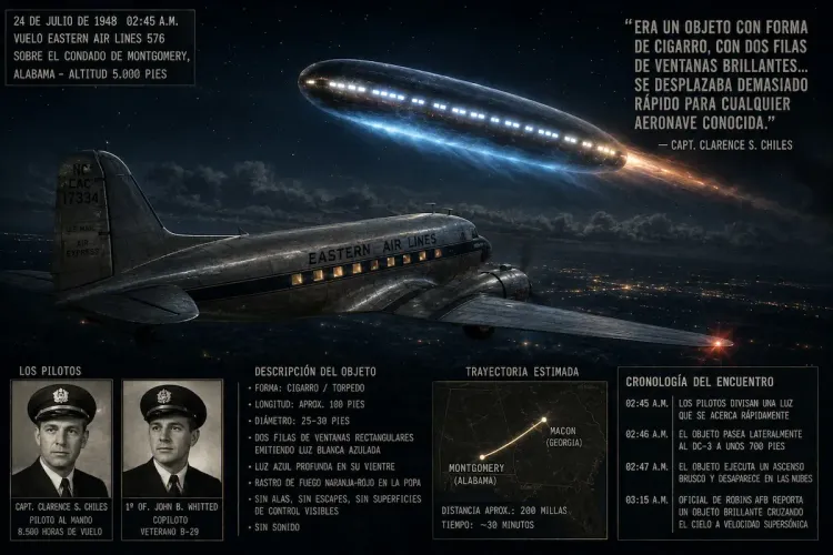 Infografía del caso Chiles-Whitted del 24 de julio de 1948: un objeto con forma de cigarro y dos filas de ventanas iluminadas cruza junto al DC-3 de Eastern Air Lines sobre Alabama.