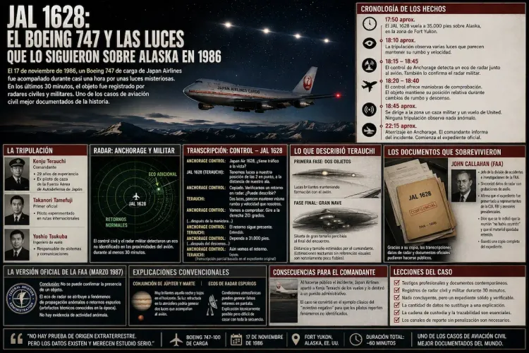 Infografía del caso JAL 1628: un Boeing 747 de carga de Japan Airlines bajo tres luces nocturnas sobre Alaska, con cronología, radar de Anchorage, transcripciones y la tripulación.