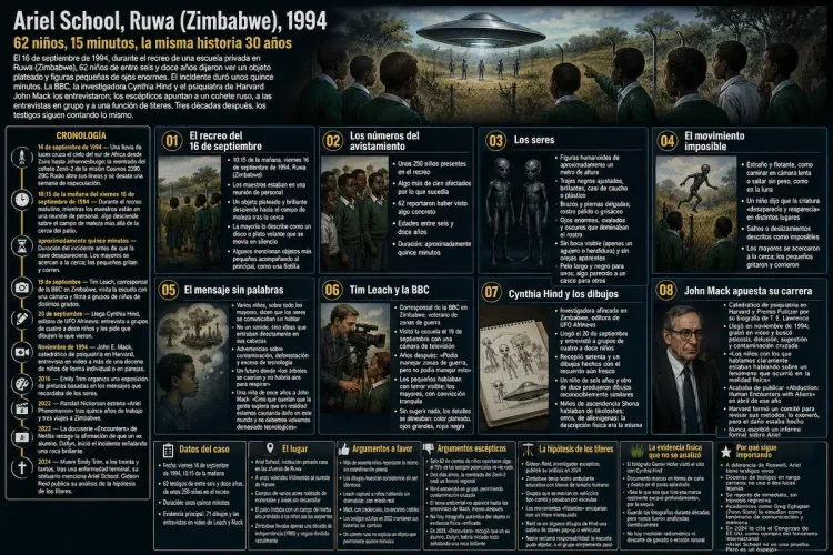 Infografía del caso Ariel School (Ruwa, Zimbabwe, 1994): un disco plateado sobre el patio, escolares uniformados señalando al cielo, cronología, retratos de los seres y fichas del caso.