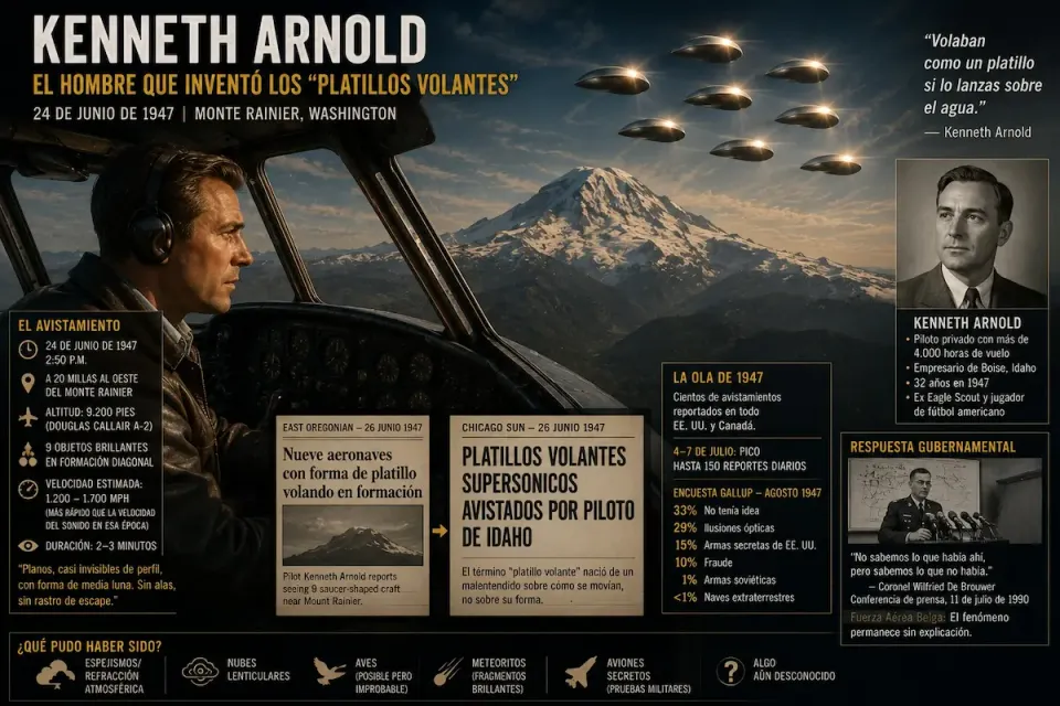 Infografía del avistamiento de Kenneth Arnold (24 de junio de 1947, Monte Rainier): nueve objetos en formación, titulares de prensa y datos del caso