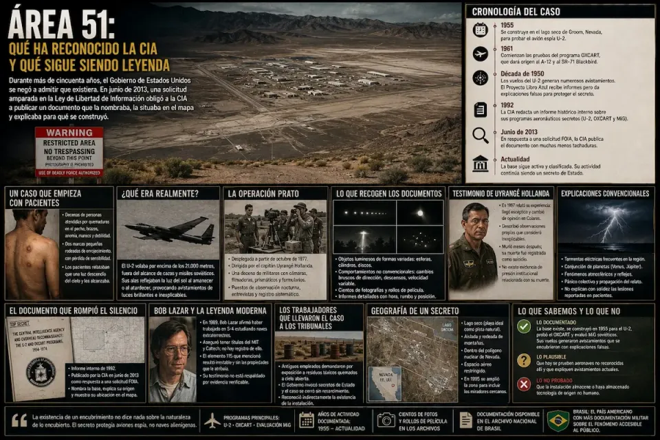Infografía del Área 51: vista aérea de la base de Groom Lake, cartel de zona restringida, cronología desde 1955, el informe de la CIA de 2013, Bob Lazar y la geografía del secreto