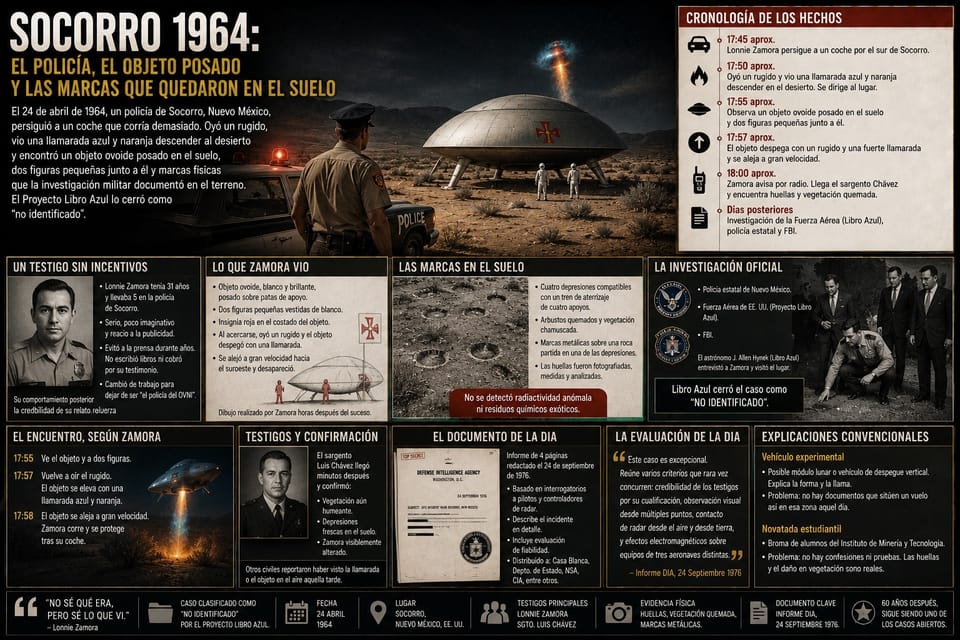 Infografía del caso Socorro 1964: un policía junto a su patrulla observa un objeto ovoide posado en el desierto con dos figuras de blanco, entre paneles con cronología, huellas y testigos