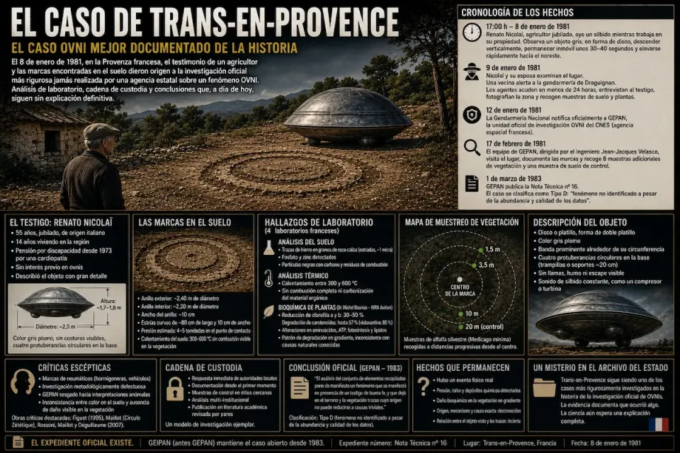 Infografía del caso OVNI de Trans-en-Provence (Francia, 1981): Renato Nicolaï ante un disco gris en su terreno, con paneles sobre las marcas, el análisis del GEPAN y los escépticos.