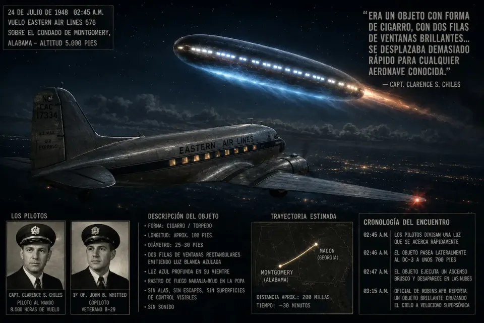 Infografía del caso Chiles-Whitted del 24 de julio de 1948: un objeto con forma de cigarro y dos filas de ventanas iluminadas cruza junto al DC-3 de Eastern Air Lines sobre Alabama.