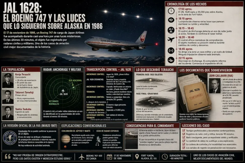 Infografía del caso JAL 1628: un Boeing 747 de carga de Japan Airlines bajo tres luces nocturnas sobre Alaska, con cronología, radar de Anchorage, transcripciones y la tripulación.