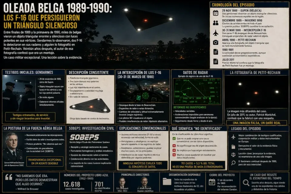 Infografía de la oleada belga 1989-1990: triángulo oscuro con luces en los vértices sobre una ciudad de noche, con cronología del caso, la intercepción de los F-16 y la foto de Petit-Rechain